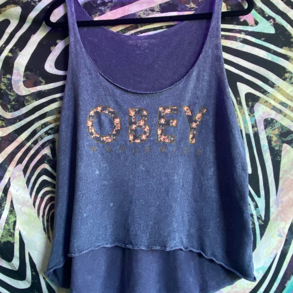 Obey Blue Floral Logo Tank Top